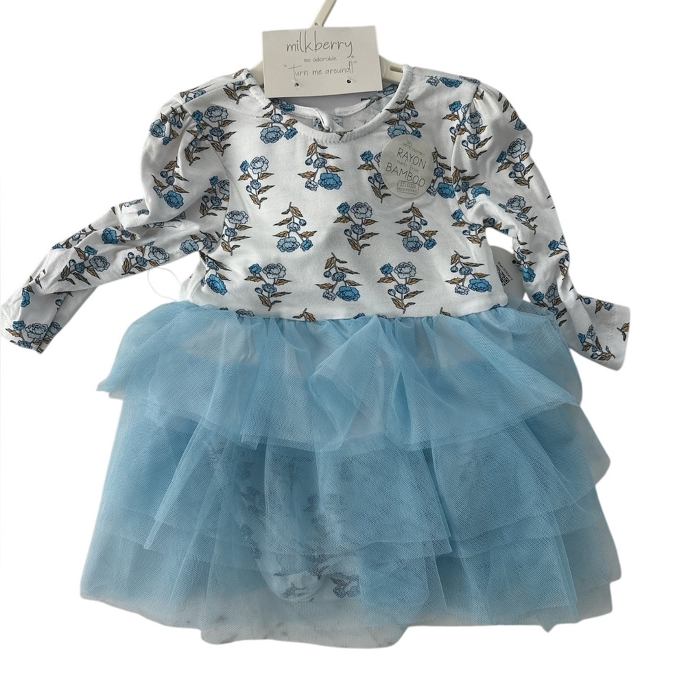 Milkberry Floral Baby Dress with Blue Tulle Skirt & Socks 6-9m